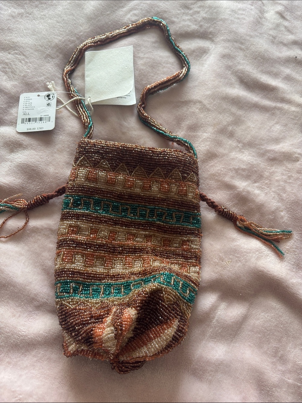 Beaded Drawstring Crossbody Bag — Turquoise & Copper Tones